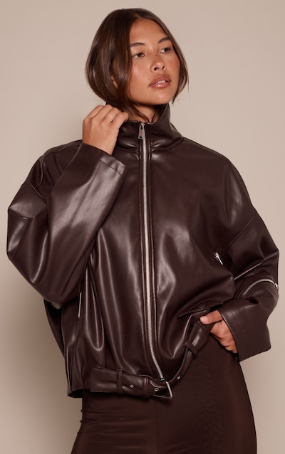Chocolate Low Belt Detail Ruched Faux Leather Biker Jacket
