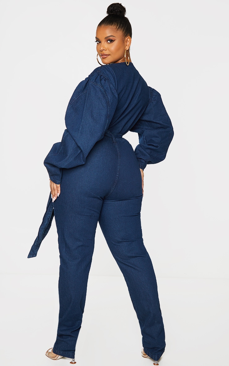 Plus Indigo Zip Detail Belted Denim Jumpsuit image 2