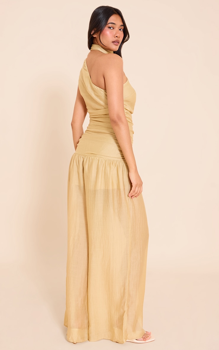 Mustard Textured One Shoulder Scarf Detail Jumpsuit image 2