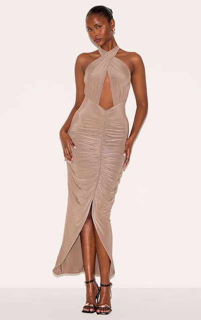 Robe longue doublée gris champignon froncée à découpe