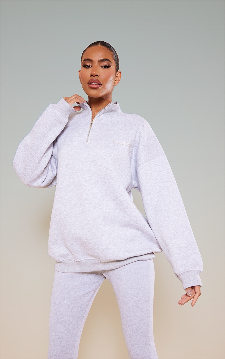 PRETTYLITTLETHING Grey Oversized Embroidered Half Zip Sweatshirt image 4