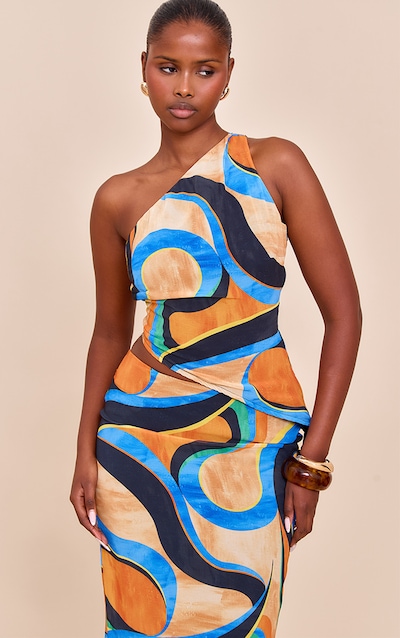 Top asymétrique en mousseline de soie multicolore abstrait