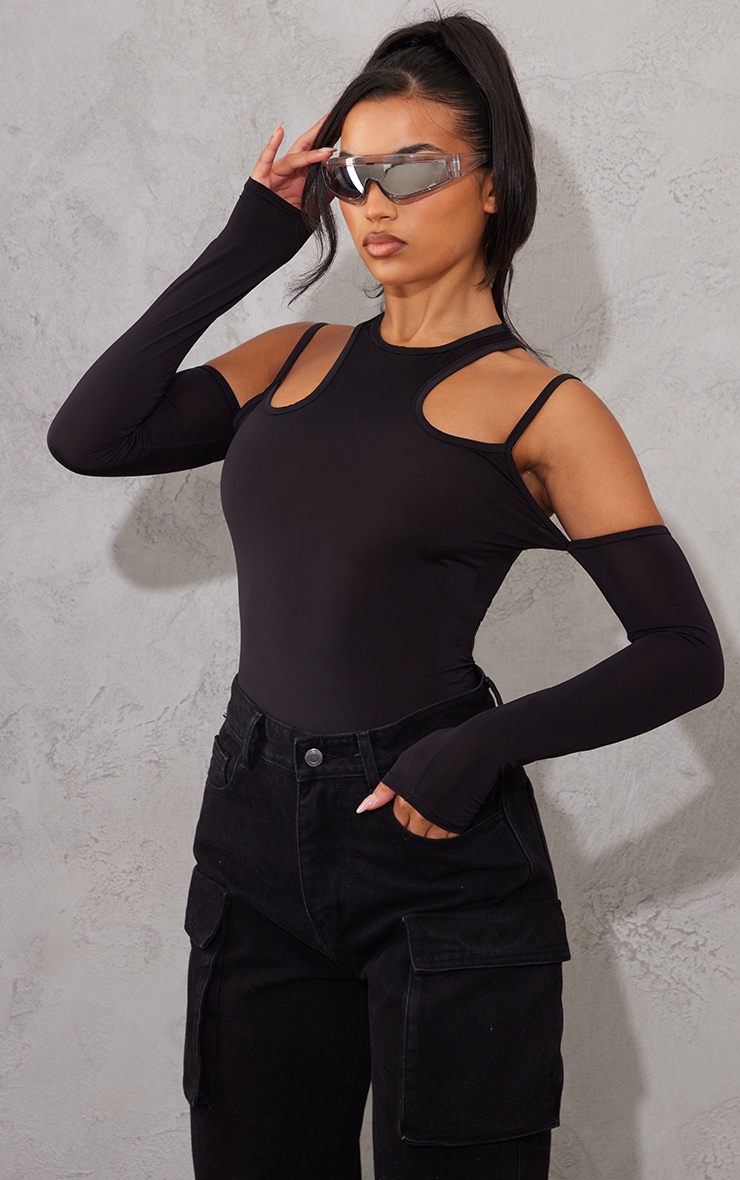 Black Slinky Strappy Cold Shoulder Bodysuit image 1