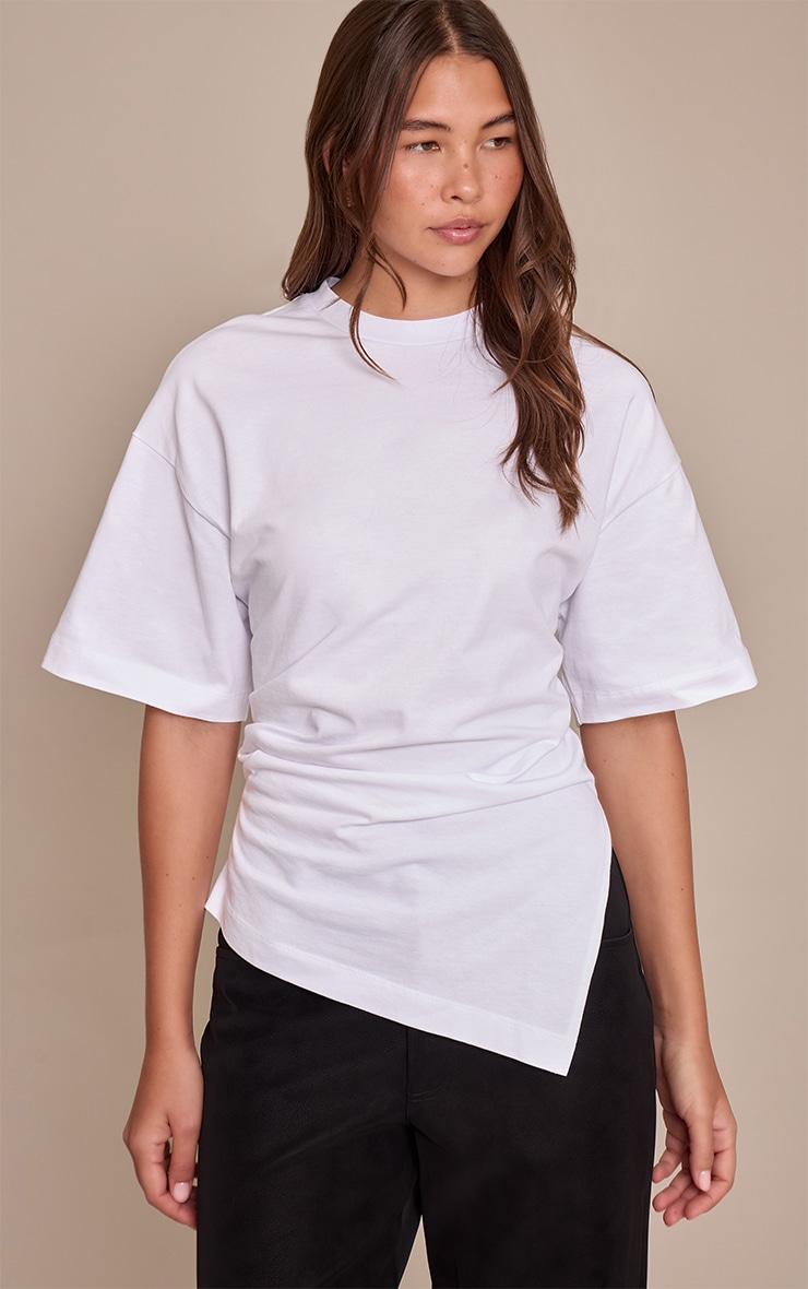 White Cotton Ruched Side Detail Oversized T Shirt image 1