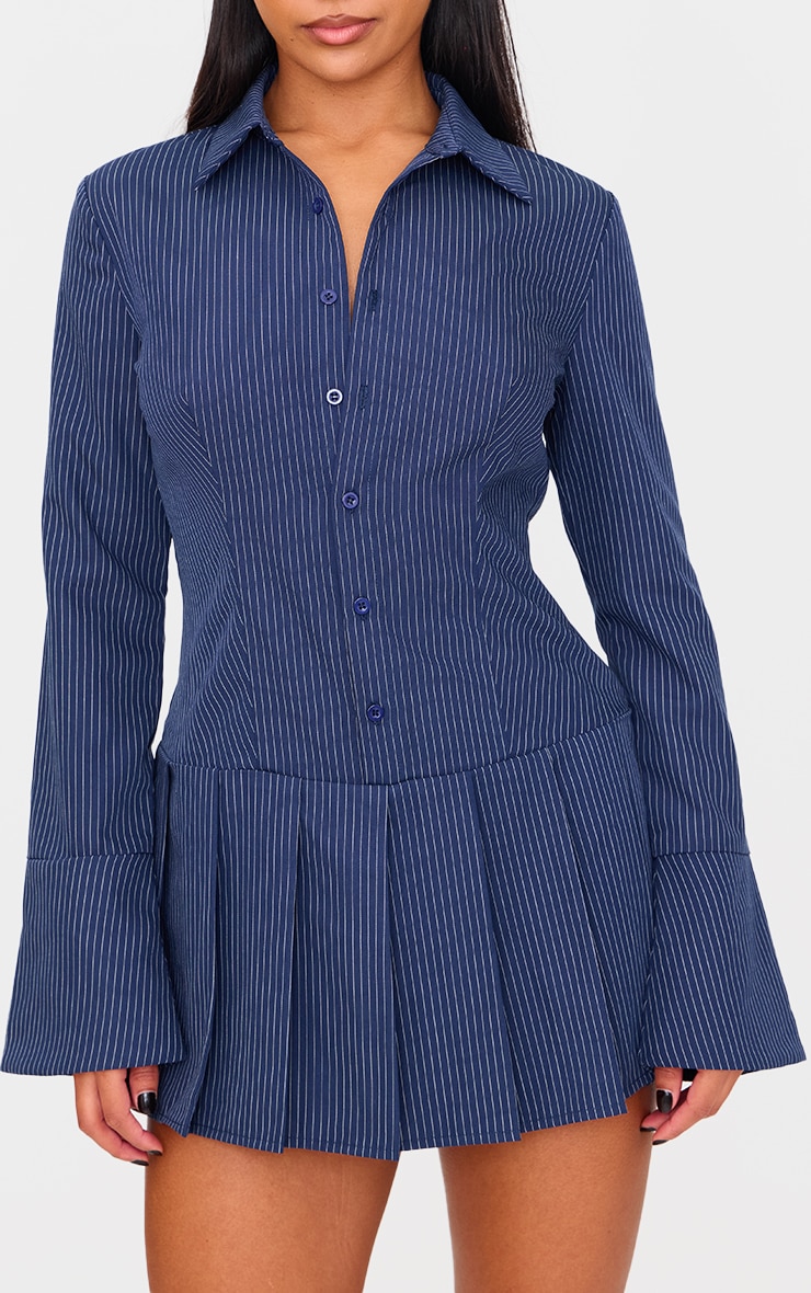 Navy Stripe Shirt Pleated Skort Romper image 4