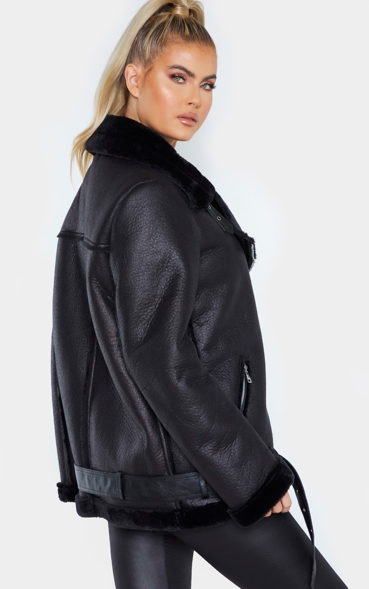 Black oversized outlet pu aviator jacket