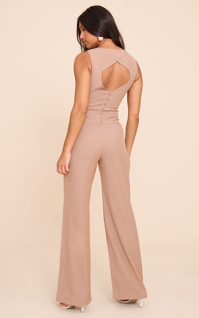 Mushroom Structured Woven Open Back Detail Straight Leg Jumpsuit