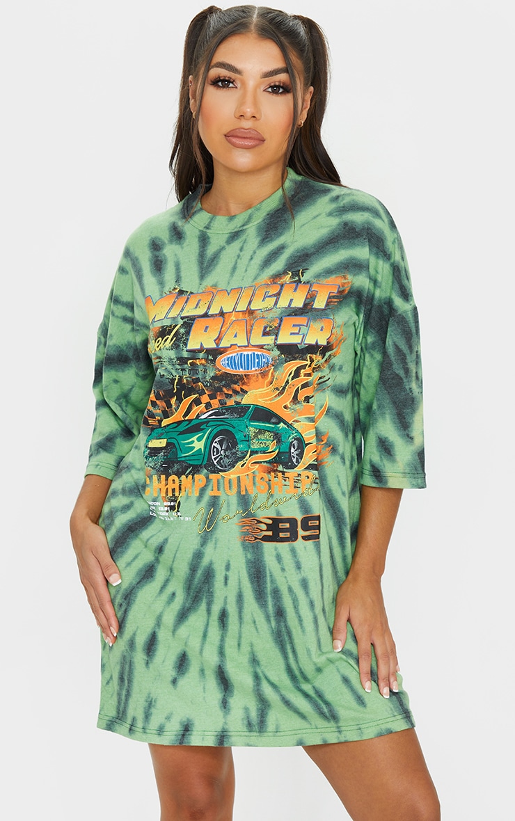 Green Tie Dye Flame Print Oversized T Shirt Dress