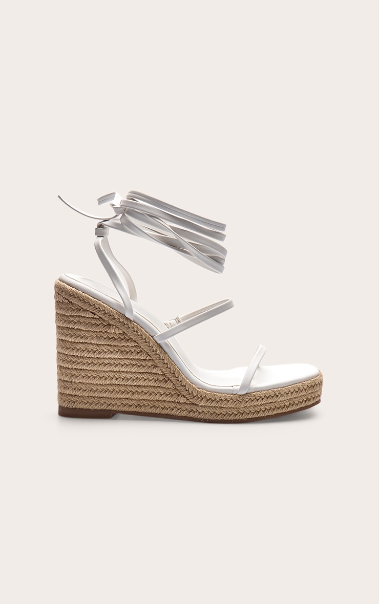 White Pu Square Toe Espadrille Lace Up High Heeled Wedges image 2