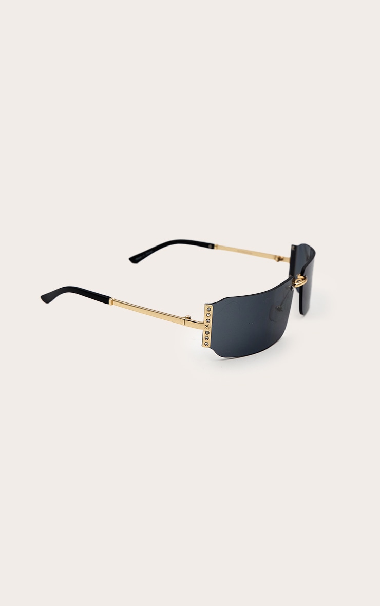 Black Square Diamante Side Wrap Round Sunglasses image 3