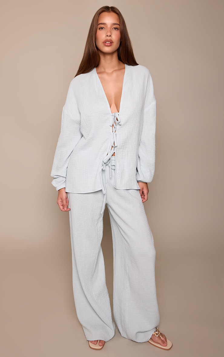 Blue Textured Cheesecloth Wide Leg Trouser