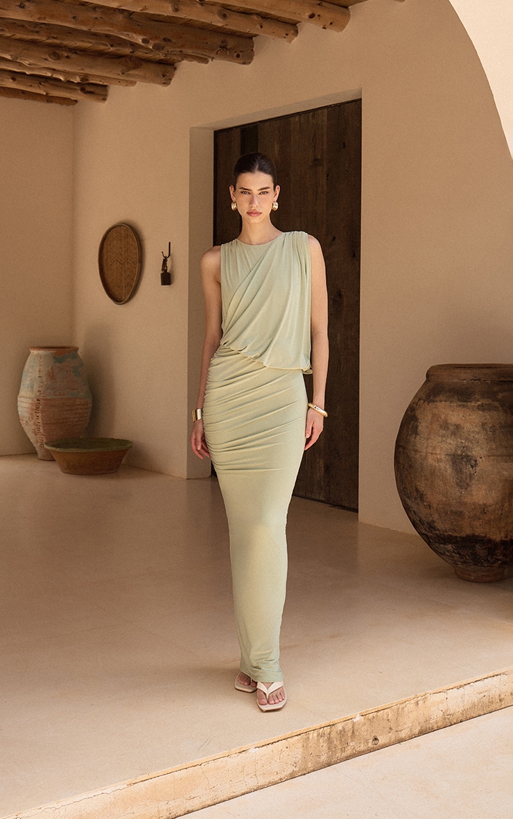 Mint Green Double Layer Slinky Drape Ruched Maxi Dress image 3
