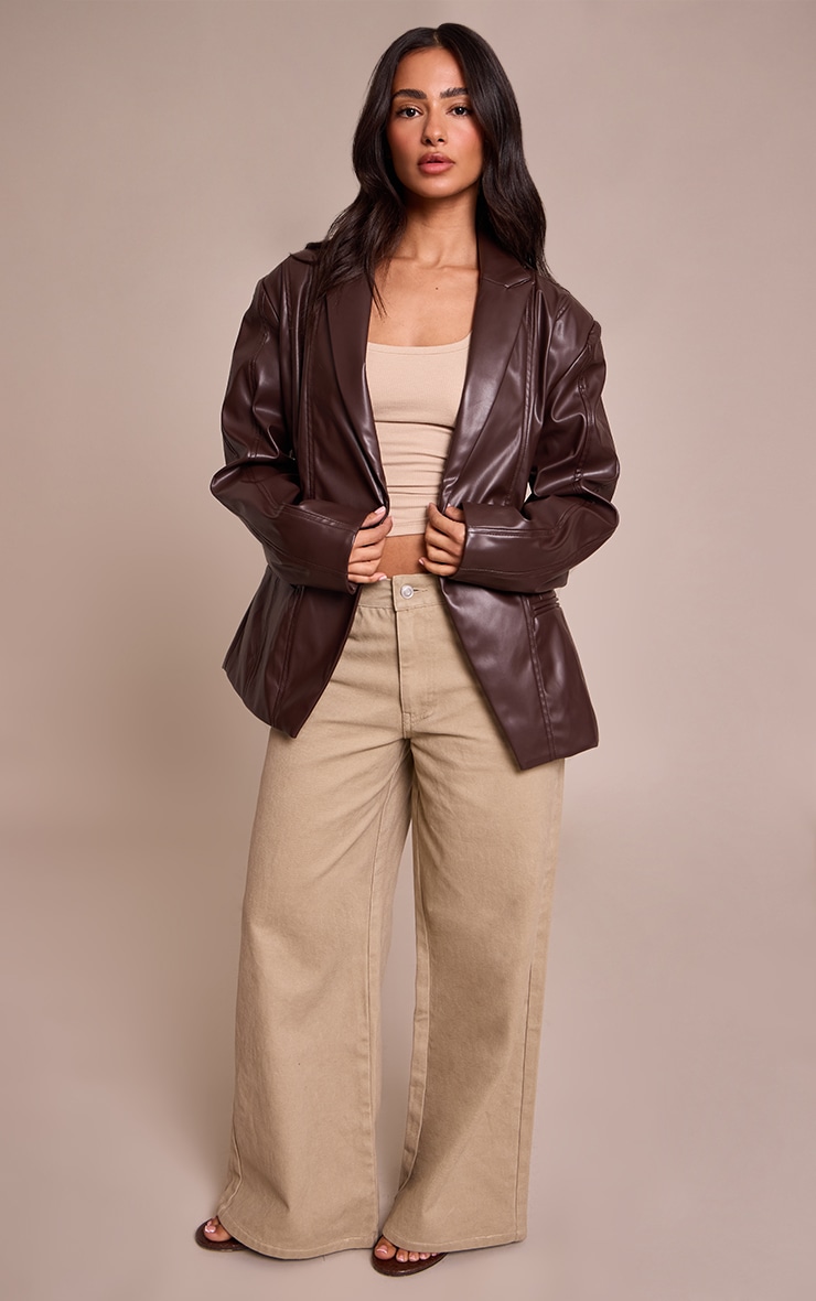Petite Chocolate Panel Detail Faux Leather Blazer image 3