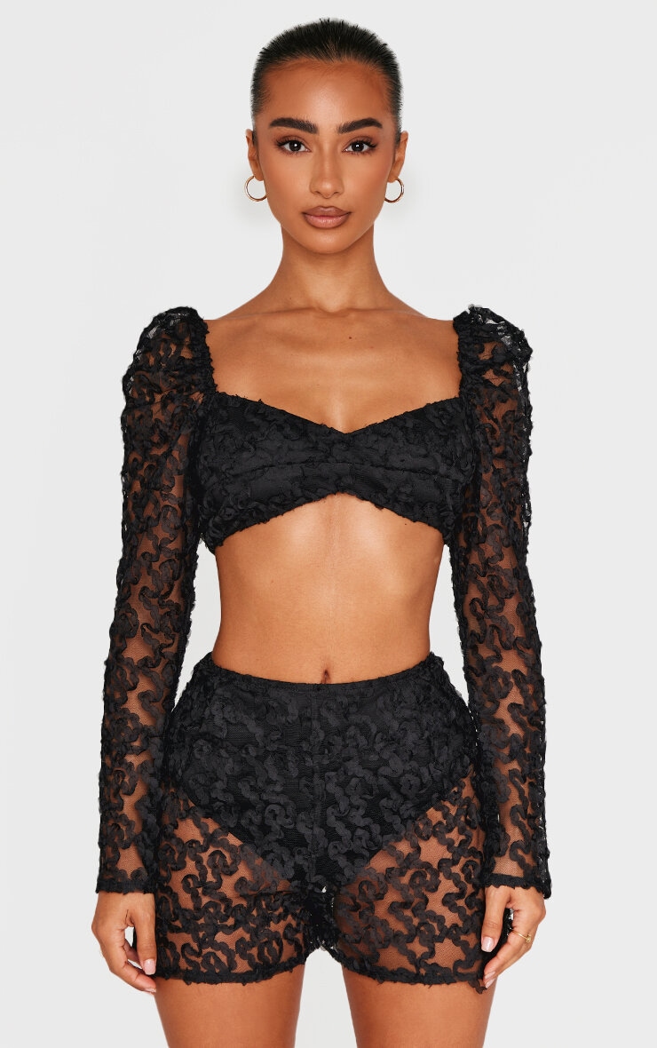 Petite Black Textured Woven Mesh Sleeve Crop Top