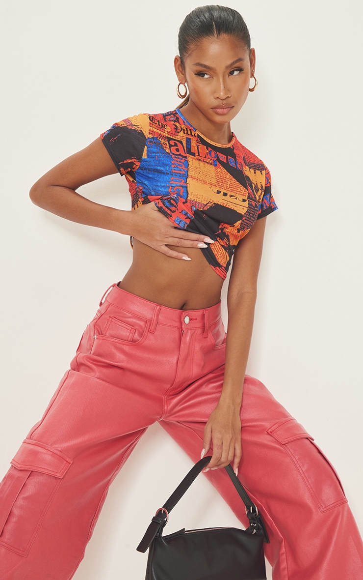 Red Print Basic Short Sleeve Crop T Shirt image 1