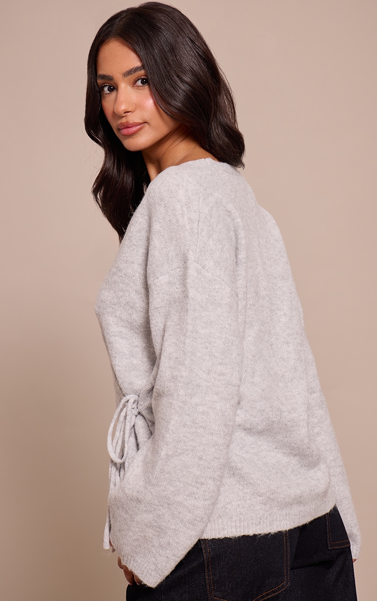 Petite Grey Wrap Tie Side Knitted Sweater image 2