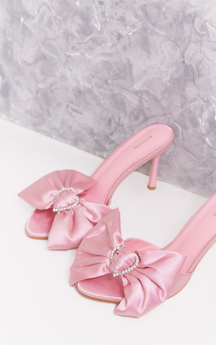 Baby Pink Satin Round Toe Oversized Diamante Bow High Heeled Sandals image 4