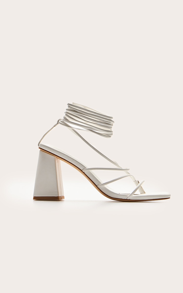 White Pu Square Toe Thong Strappy Lace Up Block Heeled Sandals image 2