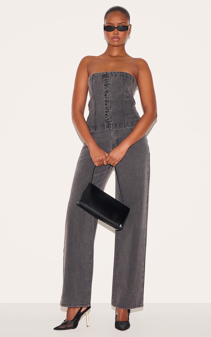 Washed Black Covered Button Longline Denim Top image 3