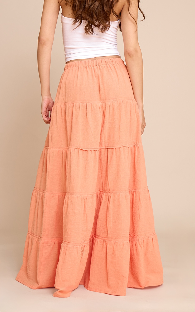 Peach Cotton Tiered Drawstring Waist Maxi Skirt image 3
