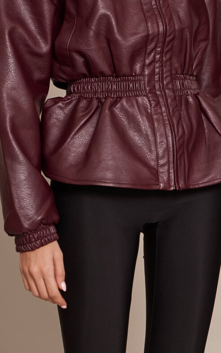 Chocolate Plum High Neck Cinched Waist Faux Leather Jacket image 4
