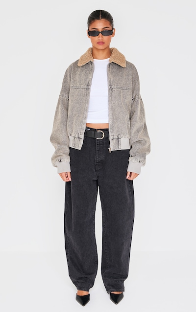 Light Grey Borg Collar Denim Bomber Jacket