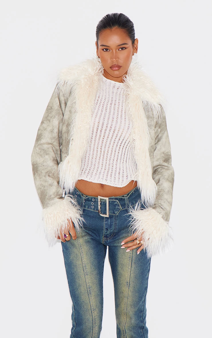 Grey Distressed PU Faux Fur Cuff And Collar Jacket image 1