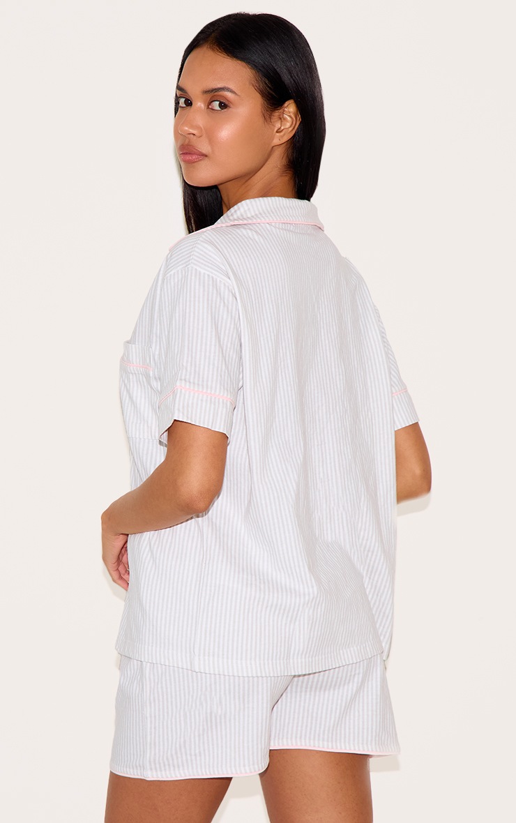 Grey Stripe Jersey Piping Detail Short Pj Set image 2