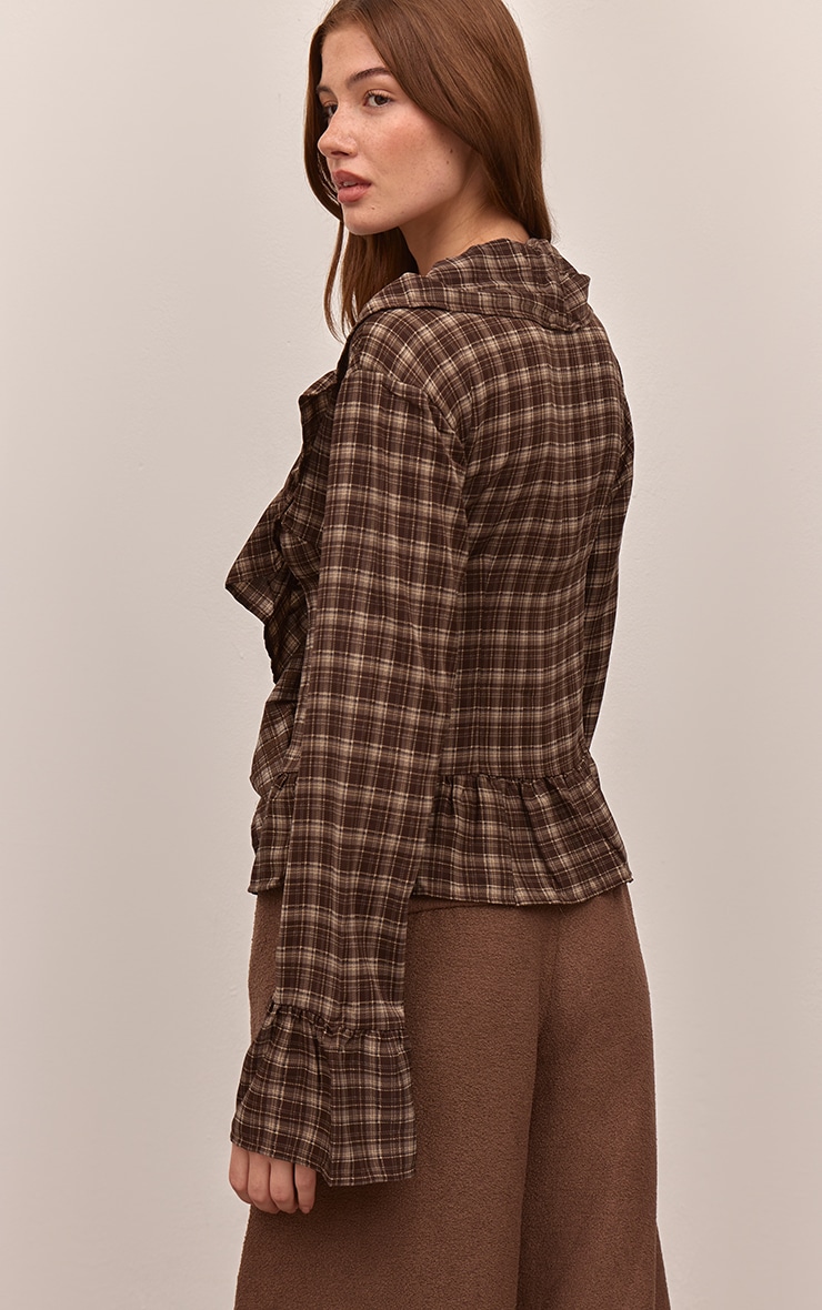 Brown Check Print Ruffle Blouse image 2
