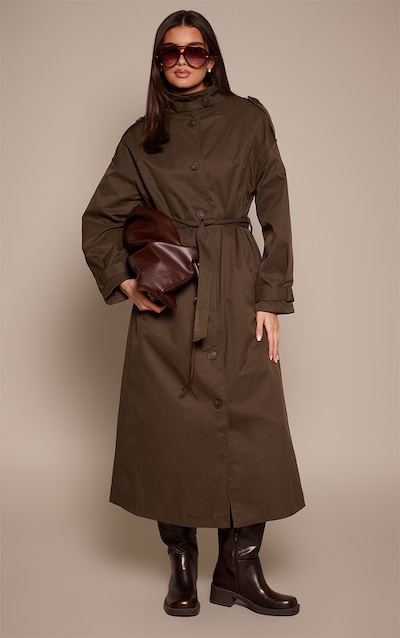 Dark Khaki Funnel Neck Trench Coat