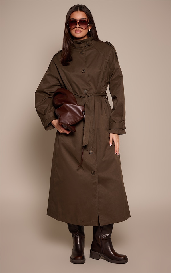 Dark Khaki Funnel Neck Trench Coat