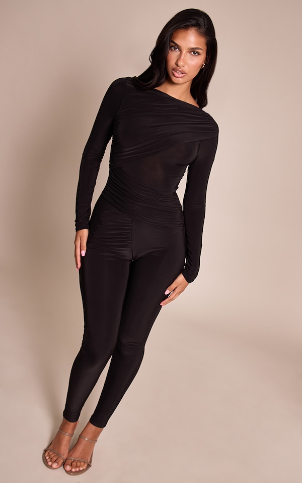 Black Slinky Long Sleeve Ruched Drape Jumpsuit