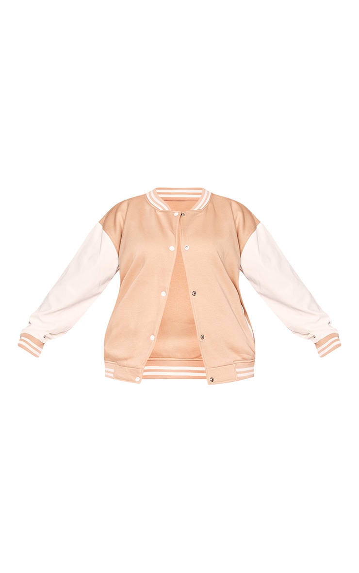 Plus Beige Faux Leather Contrast Sleeve Varsity Bomber Jacket image 5