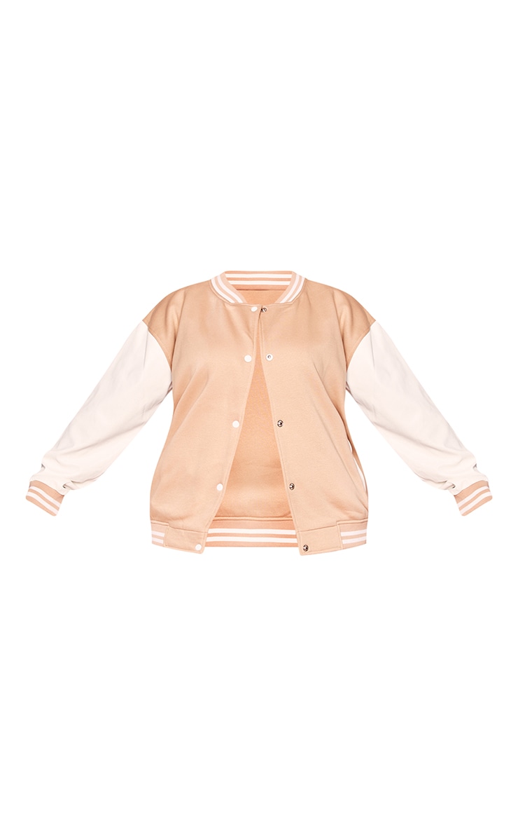 Plus Beige Faux Leather Contrast Sleeve Varsity Bomber Jacket image 5