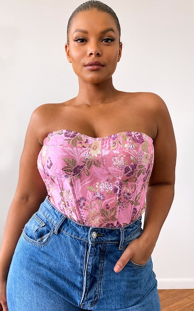 Plus Pink Satin Floral Print Corset