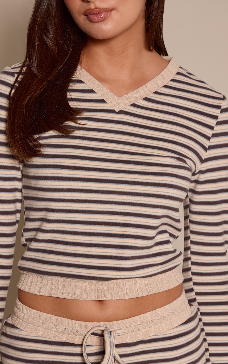 Light Brown Striped Soft Fleece V Neck Long Sleeve Top image 4