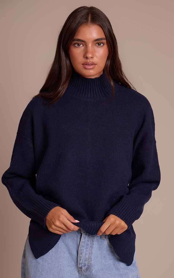 Navy Oversized Polo Neck Knitted Sweater image 3