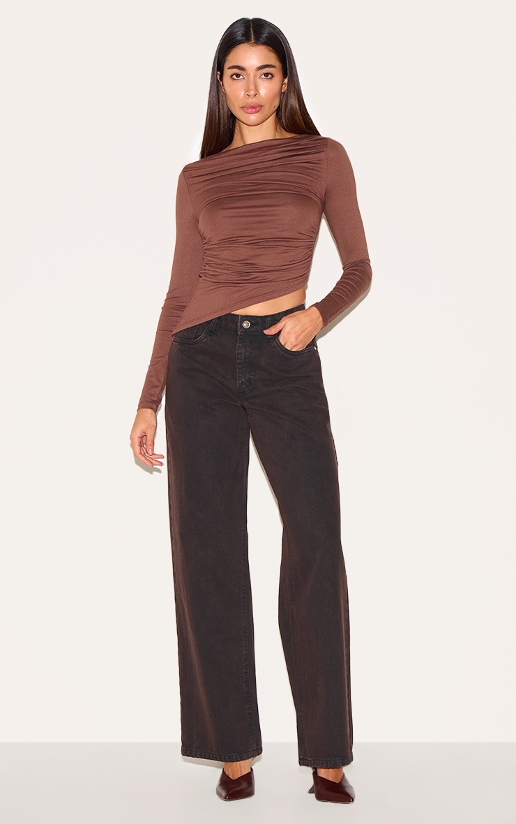 Mocha Ruched Detail Asymmetric Hem Long Sleeve Top image 3