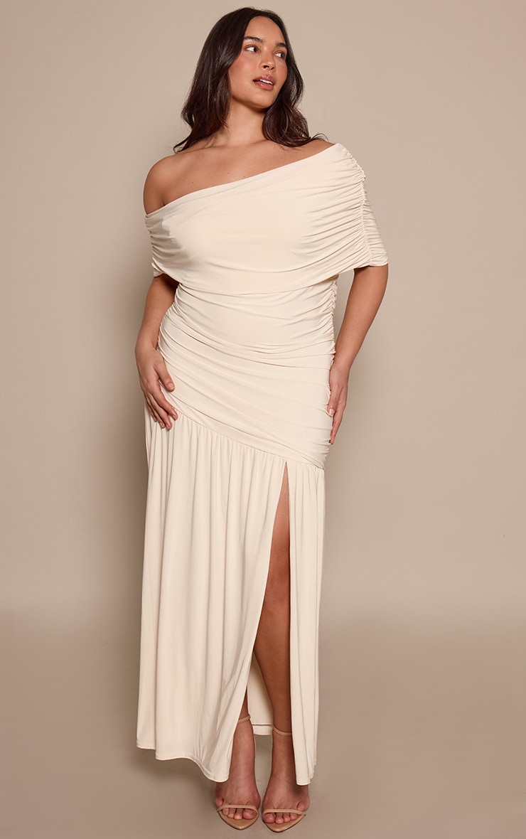 Plus Cream Double Layer Slinky Bardot Ruched Maxi Dress image 1