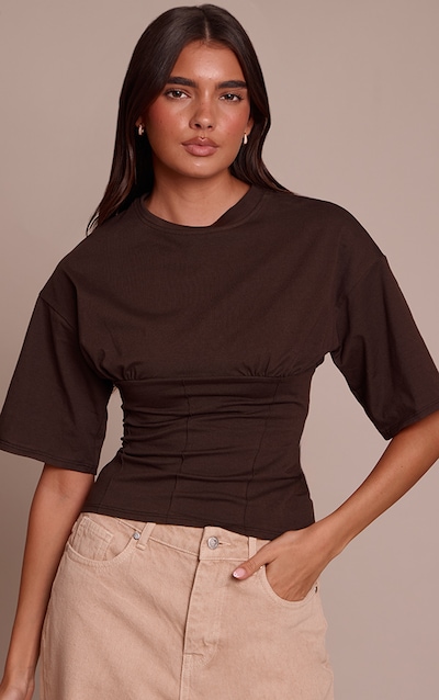 T-shirt ajusté en coton chocolat à buste froncé