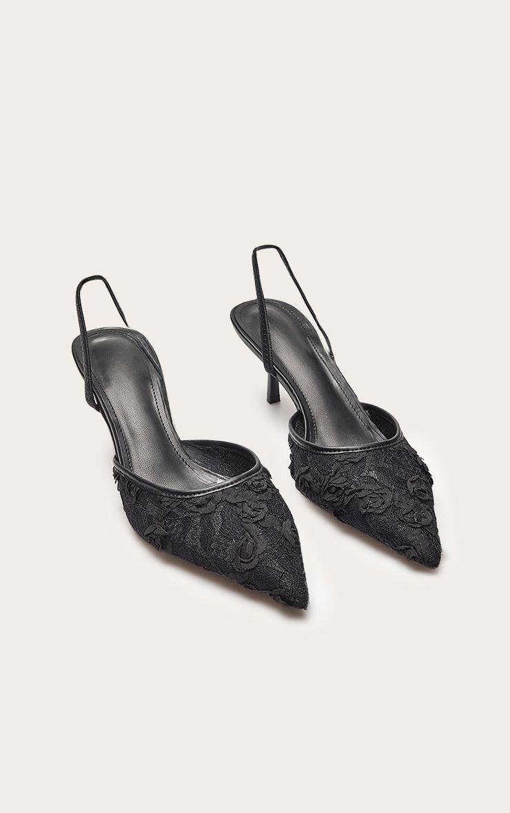 Black Textured Lace Slingback Court Heels image 3