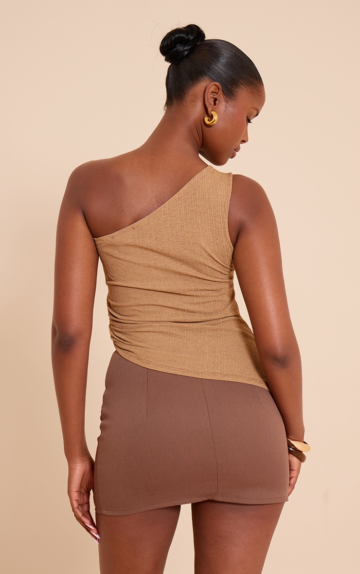Mushroom Ribbed Onion Skin Trim Detail One Shoulder Top image 2