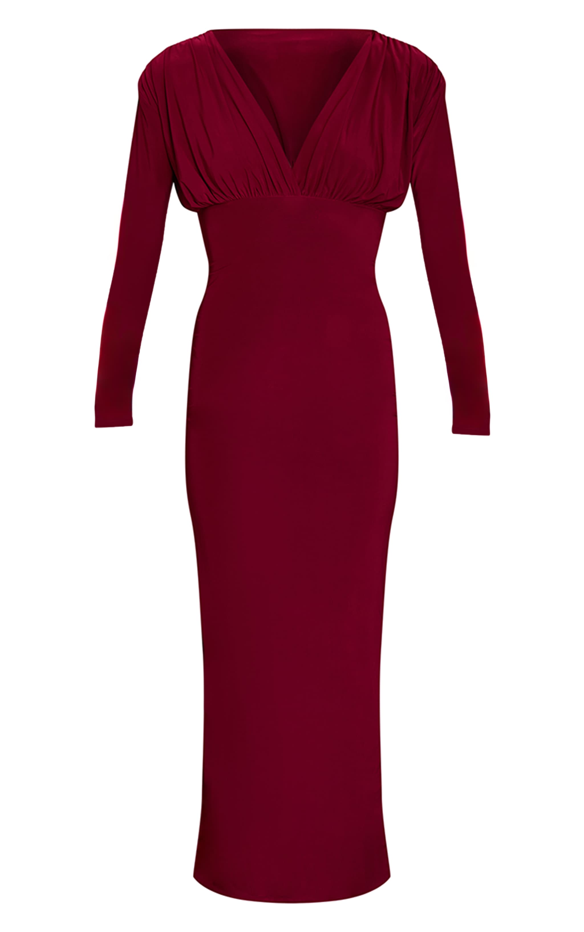 Burgundy Double Layer Slinky Plunge Long Sleeve Maxi Dress image 5