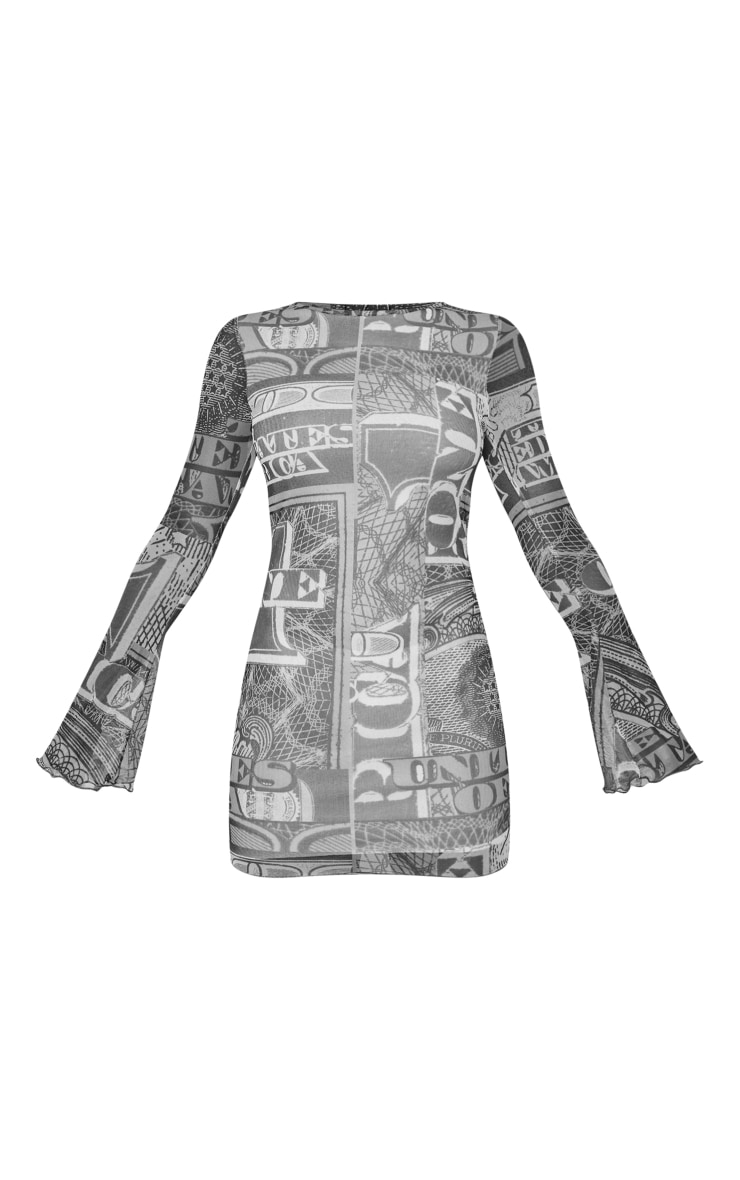 Monochrome Money Print Mesh Long Sleeve Bodycon Dress image 5