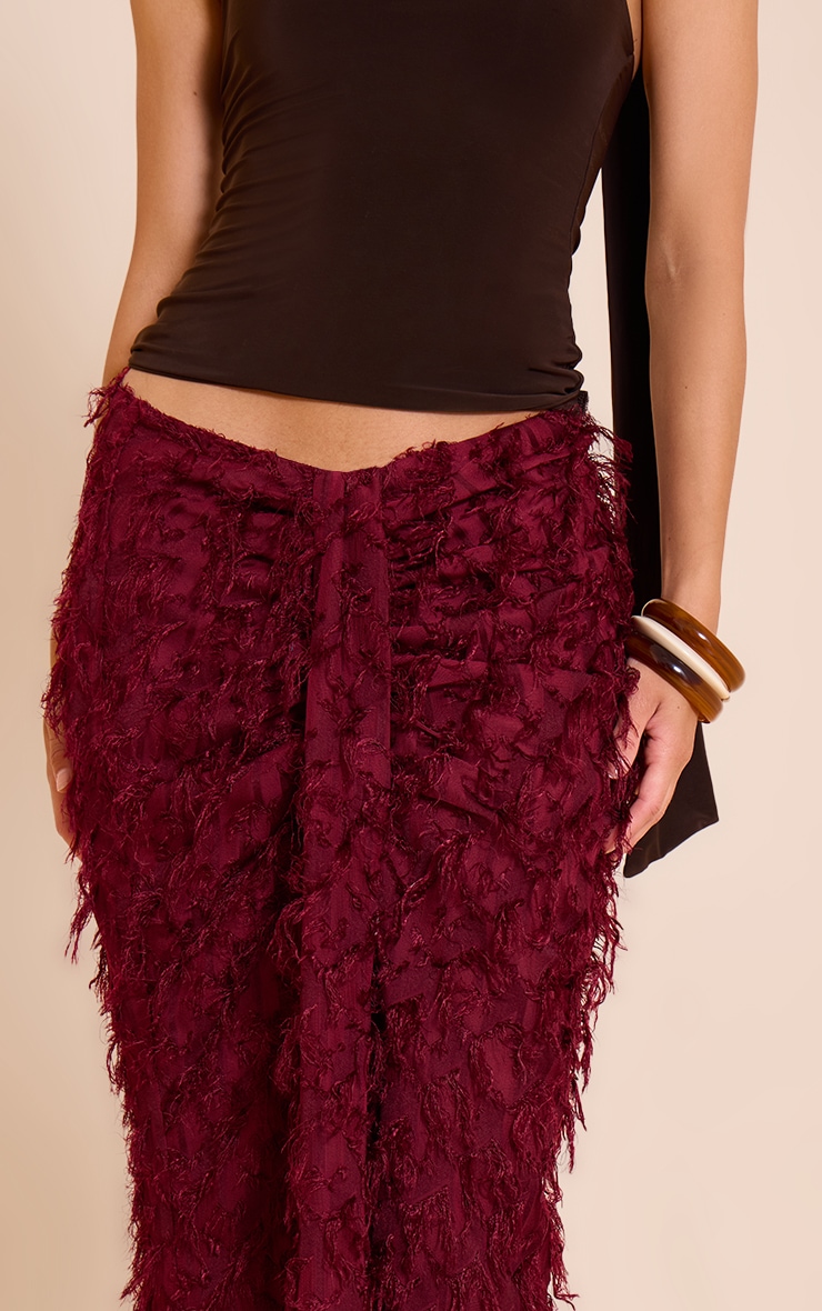 Deep Red Distressed Woven Dip Waist Maxi Skirt image 4