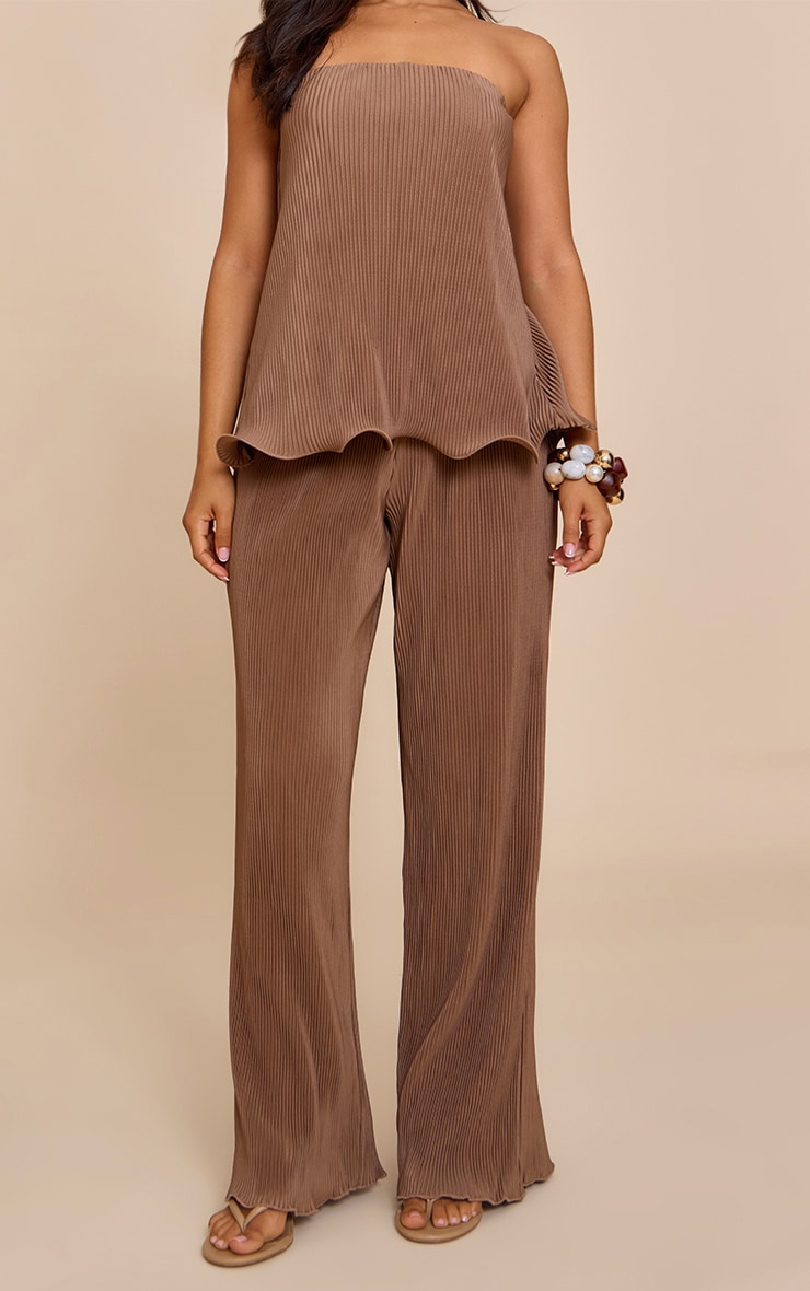 Petite Taupe Plisse Frill Edge Wide Leg Pants image 2
