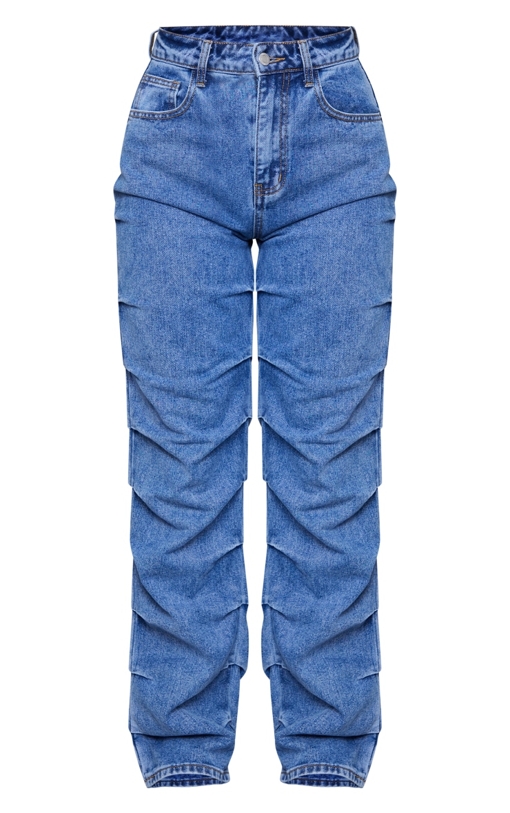 Mid Blue Wash Ruched Straight Leg Denim Jeans image 5