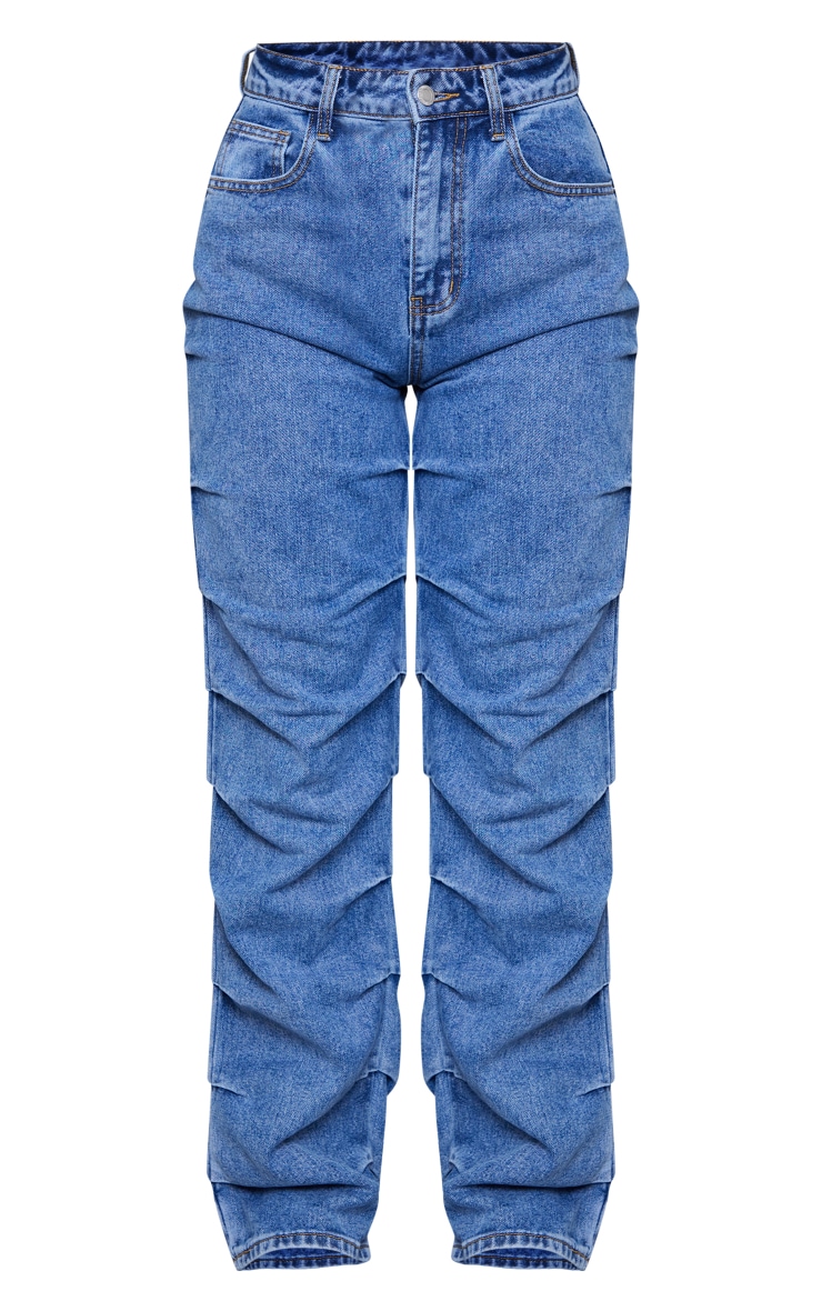  Mid Blue Wash Ruched Straight Leg Denim Jeans image 5