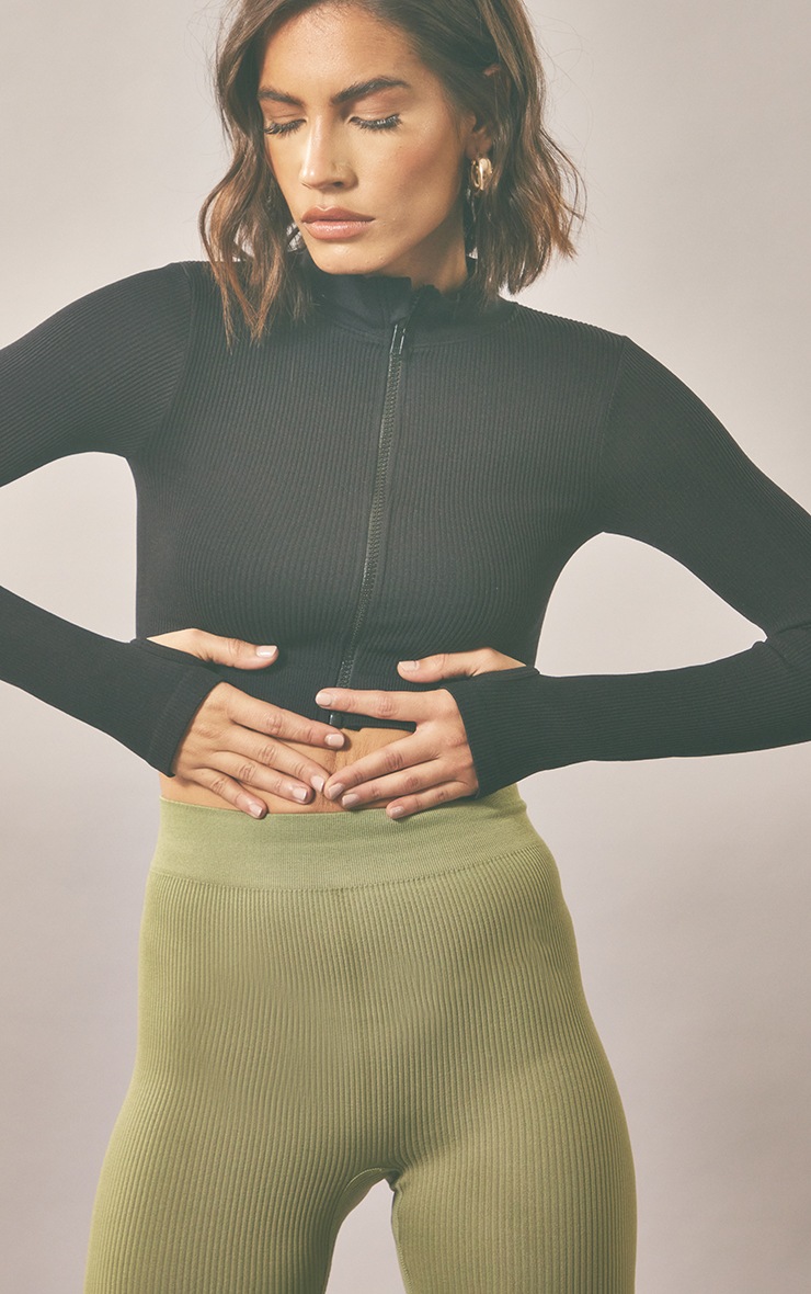 Black Contour Rib High Neck Thumbhole Top