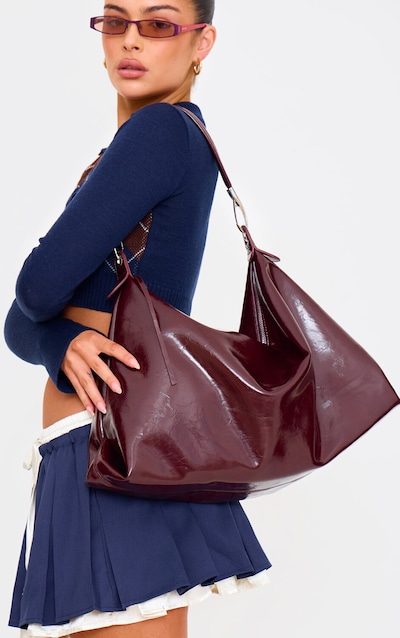 Burgundy Crinkle Patent PU Oversized Slouchy Tote Bag